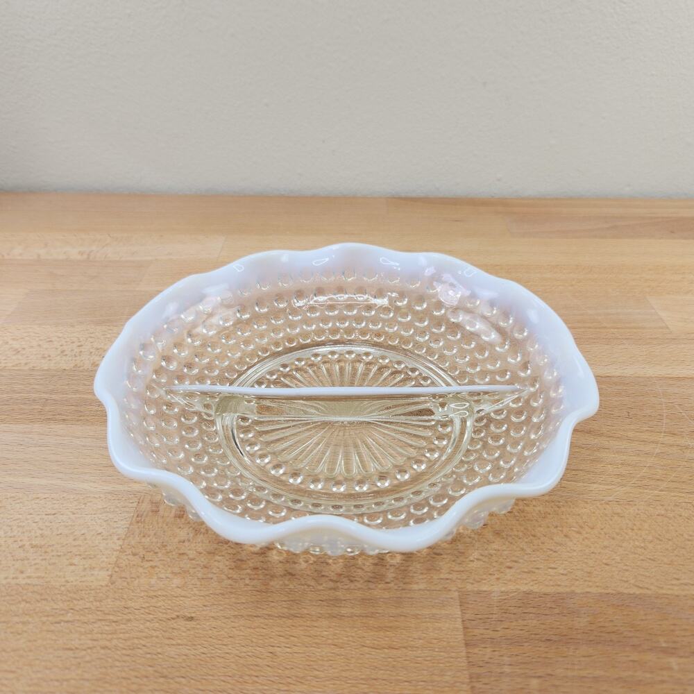 Vintage Fenton Moonstone White Opalescent Hobnail Divided Dish Candy- Trinkets